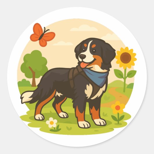 Cute Bernese Mountain Dog with Sunflower & Butterf Ronde Sticker (Voorkant)