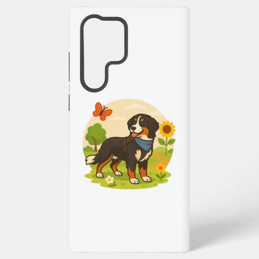 Cute Bernese Mountain Dog with Sunflower & Butterf Samsung Galaxy Hoesje (Achterkant)