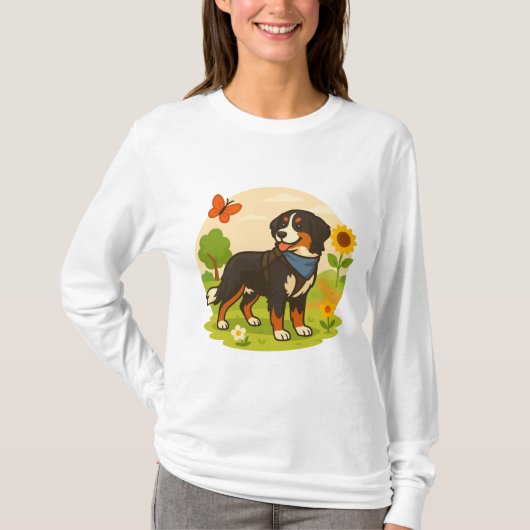 Cute Bernese Mountain Dog with Sunflower & Butterf T-shirt (Voorkant)