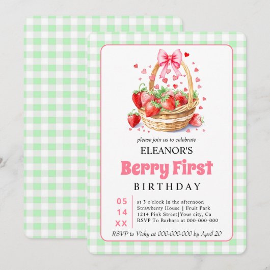 Cute Berry First Birthday strawberries for girls Kaart (Voorkant / Achterkant)
