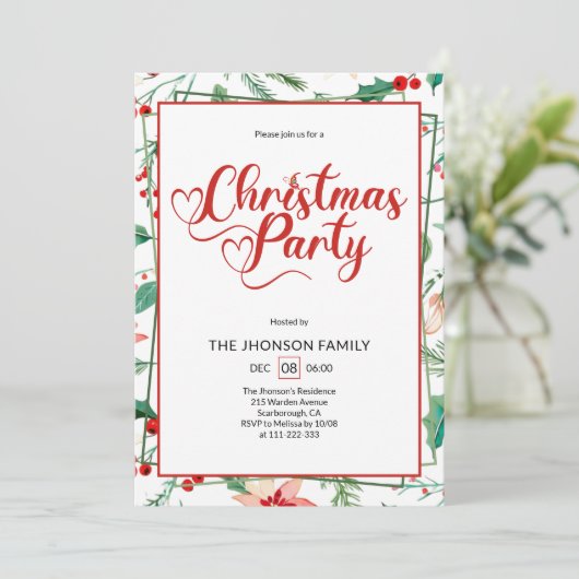 Cute Berry Pattern Calligraphy Christmas Party Kaart (Staand voorkant)