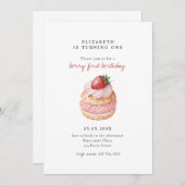 Cute Berry Sweet Pink First Birthday Kaart (Voorkant / Achterkant)