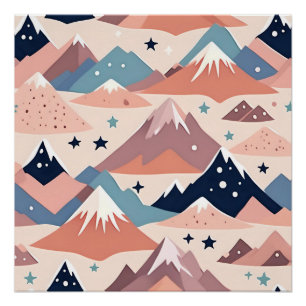 Cute besneeuwde bergen en sterren patroon roze perfect poster