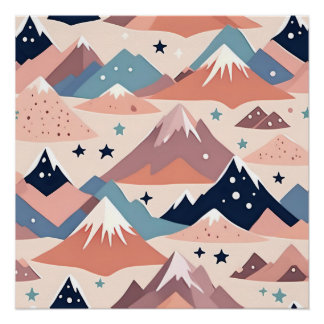 Cute besneeuwde bergen en sterren patroon roze perfect poster