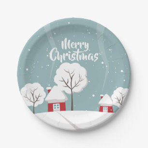 Cute besneeuwde huizen en kerstbomen papieren bordje