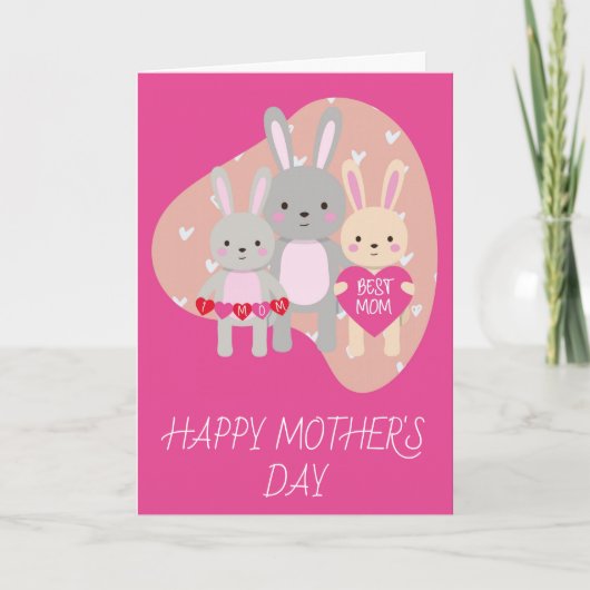 Cute Best Mam Bunny Rabbit Pink Hearts Moederdag Kaart (Voorkant)