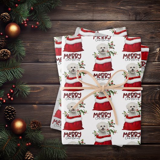 Cute Bichon Frise Dog in Holiday Gift Bag Inpakpapier Vel