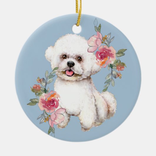 Cute Bichon Frise met Flowers Waterverf Art Clas Keramisch Ornament (Voorkant)