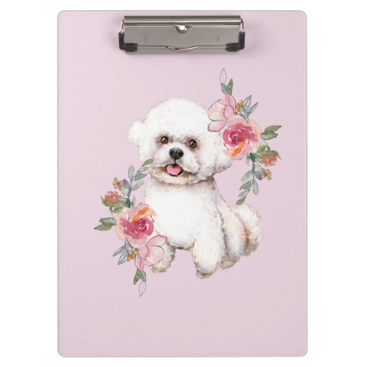Cute Bichon Frise met Flowers Waterverf Art Klembord (Voorkant)