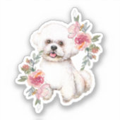 Cute Bichon Frise met Flowers Waterverf Art Sticker (Voorkant)