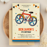Cute Bicycle Kinderen Uitnodiging op feestdag<br><div class="desc">Nodig uw gasten uit met deze coole uitnodiging van het verjaardagsfeest met een kleurrijke fiets met eenvoudige typografie tegen een parketachtergrond. Voeg eenvoudig uw gebeurtenisdetails op deze makkelijk te gebruiken sjabloon toe om het één-van-een-soort uitnodiging te maken. Draai de kaart om een grijs en beige strepen patroon op de achterkant...</div>