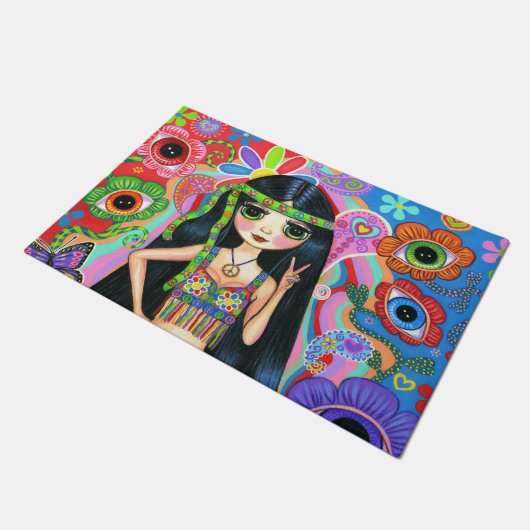Cute Big Eye Hippie Mermaid Girl Peace Sign 1960 Deurmat (Schuin)