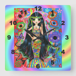 Cute Big Eye Hippie Mermaid Girl Peace Sign 1960 Vierkante Klok