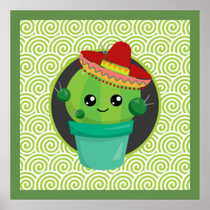 Cute Big Eyed Cactus in Red Sombrero Poster
