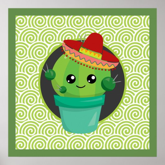Cute Big Eyed Cactus in Red Sombrero Poster (Voorkant)