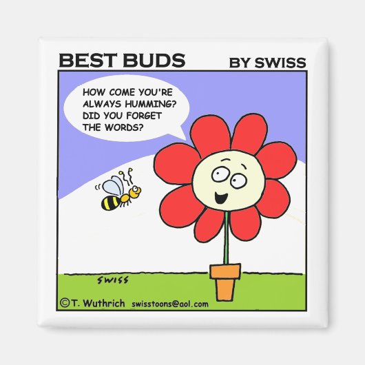 Cute Big Red Flower and Bumble Bee Cartoon Magneet (Voorkant)