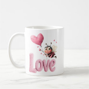 Cute Bij Fluffy Roze Liefde Hart Ballon Ontwerp Koffiemok