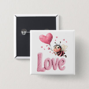 Cute Bij Fluffy Roze Liefde Hart Ballon Vierkante Button 5,1 Cm