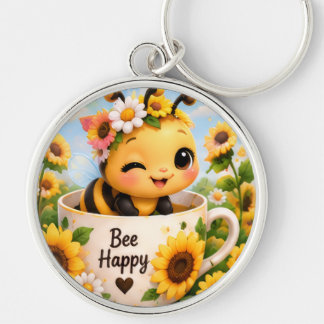Cute Bij Gelukkig Hommel Zonnebloem Ronde Sleutelh Sleutelhanger