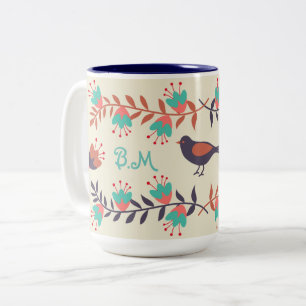 Cute Bird and Floral Folk Art Monogram Tweekleurige Koffiemok