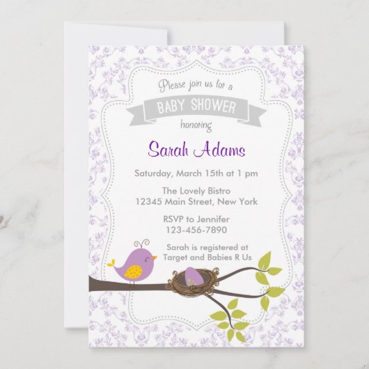Cute Bird Baby shower Invitation Pastel Paars Kaart (Voorkant)