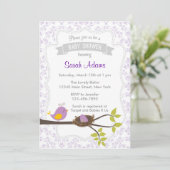 Cute Bird Baby shower Invitation Pastel Paars Kaart (Staand voorkant)