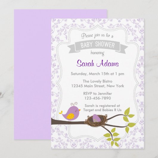 Cute Bird Baby shower Invitation Pastel Paars Kaart (Voorkant / Achterkant)