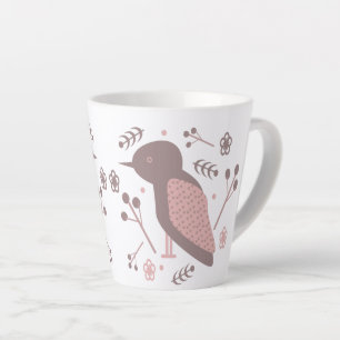 Cute Bird Brown Pink Botanical Floral Latte Mok