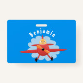 Cute bird flying red airplane cartoon illustratie badge (Achterkant)