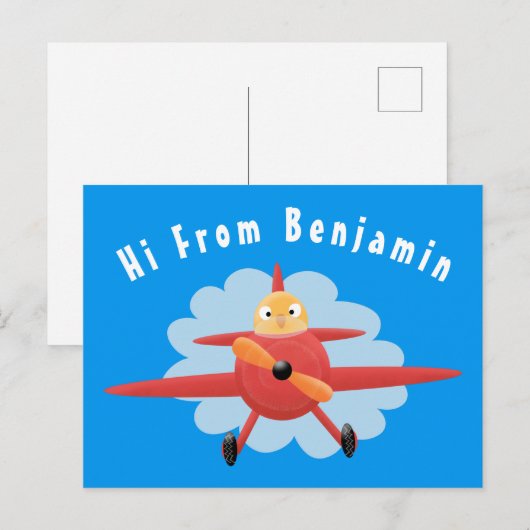 Cute bird flying red airplane cartoon illustratie briefkaart (Voorkant / Achterkant)