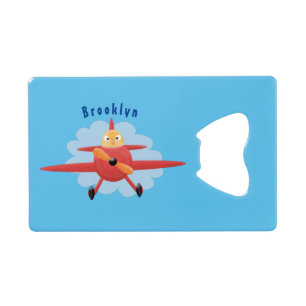 Cute bird flying red airplane cartoon illustratie creditkaart flessenopener
