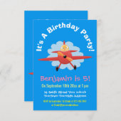 Cute bird flying red airplane cartoon illustratie kaart (Voorkant / Achterkant)