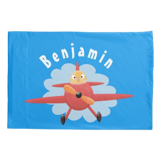 Cute bird flying red airplane cartoon illustratie kussensloop (Achterkant)