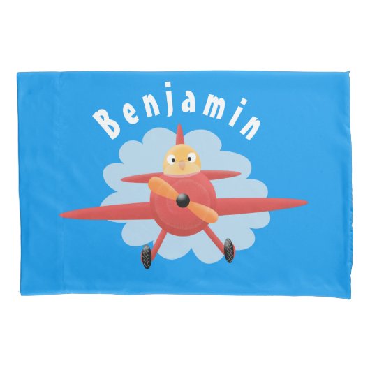 Cute bird flying red airplane cartoon illustratie kussensloop (Voorkant)