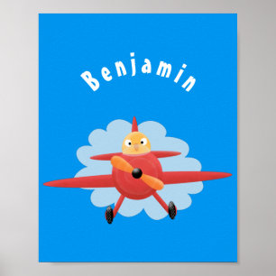 Cute bird flying red airplane cartoon illustratie poster