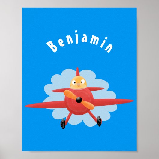Cute bird flying red airplane cartoon illustratie poster (Voorkant)