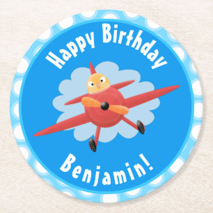 Cute bird flying red airplane cartoon illustratie ronde kartonnen onderzetter