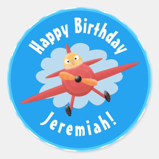 Cute bird flying red airplane cartoon illustratie ronde sticker (Voorkant)