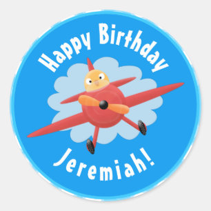 Cute bird flying red airplane cartoon illustratie ronde sticker