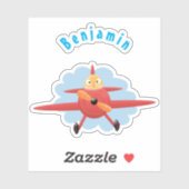 Cute bird flying red airplane cartoon illustratie sticker (Vel)