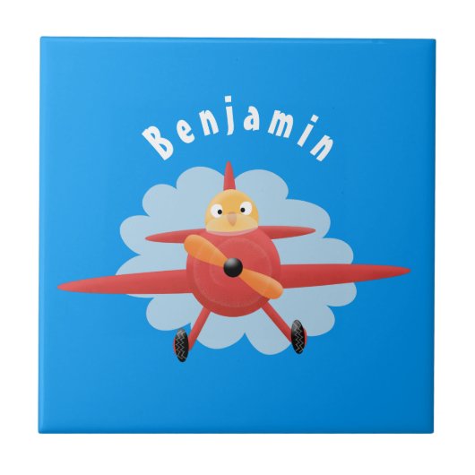 Cute bird flying red airplane cartoon illustratie tegeltje (Voorkant)
