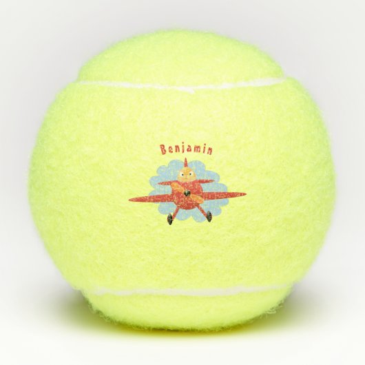 Cute bird flying red airplane cartoon illustratie tennisballen (Voorkant)