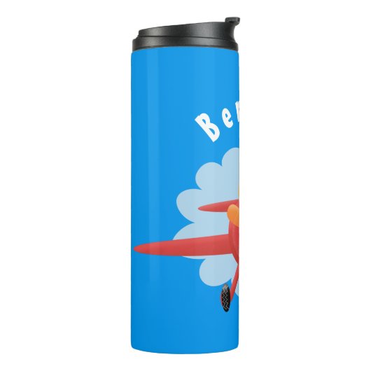 Cute bird flying red airplane cartoon illustratie thermosbeker (Gedraaid links)