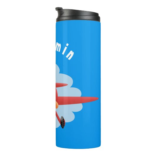Cute bird flying red airplane cartoon illustratie thermosbeker (Geroteerd rechts)