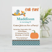 Cute Bird in a Nest Herfst Birthday Party Invitati Kaart (Staand voorkant)