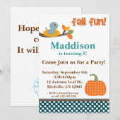 Cute Bird in a Nest Herfst Birthday Party Invitati Kaart (Voorkant / Achterkant)