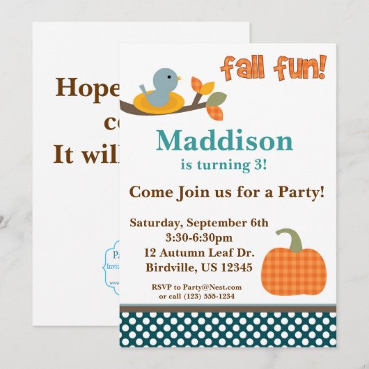 Cute Bird in a Nest Herfst Birthday Party Invitati Kaart (Voorkant / Achterkant)