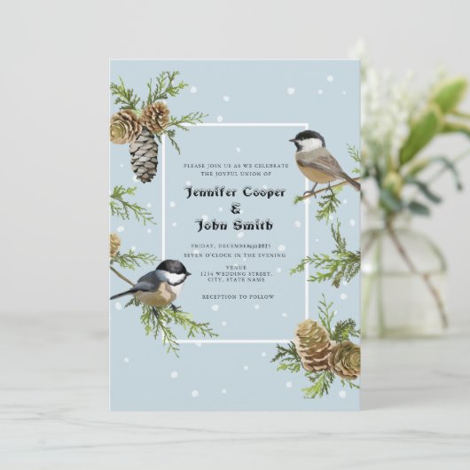 Cute Bird Snow Pine Cone Winter Weddenschap Kaart (Staand voorkant)