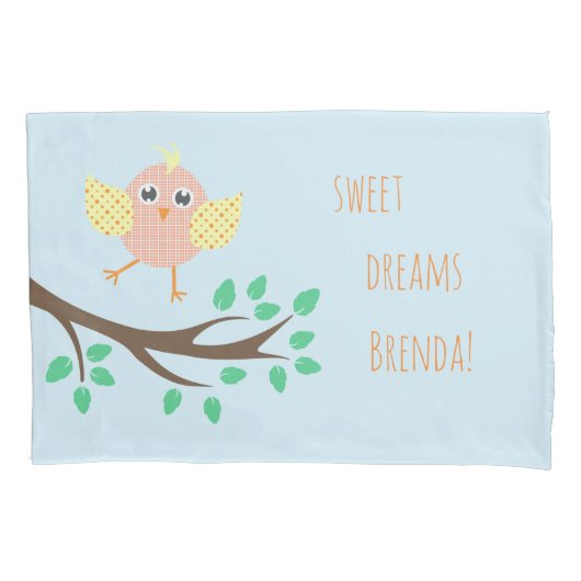 Cute Bird Sweet Dreams Light Blue Kinder Kussensloop (Voorkant)