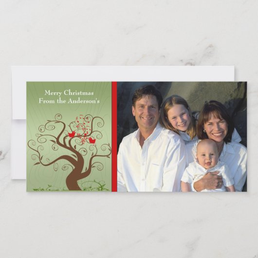 Cute Bird Swirl Tree Wood Gradin Family Photo Card Feestdagenkaart (Voorkant)